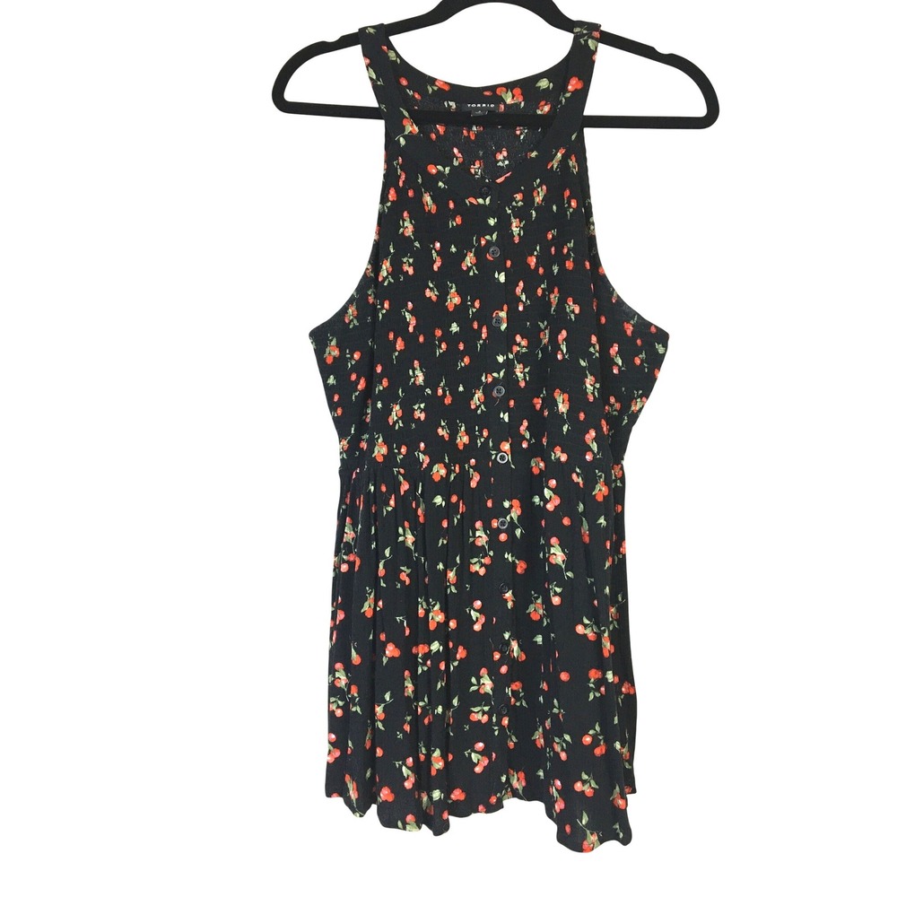 Torrid Cherry Print Halter Smocked Peplum Top Black Gauze‎ Rayon 15047504 Size 2